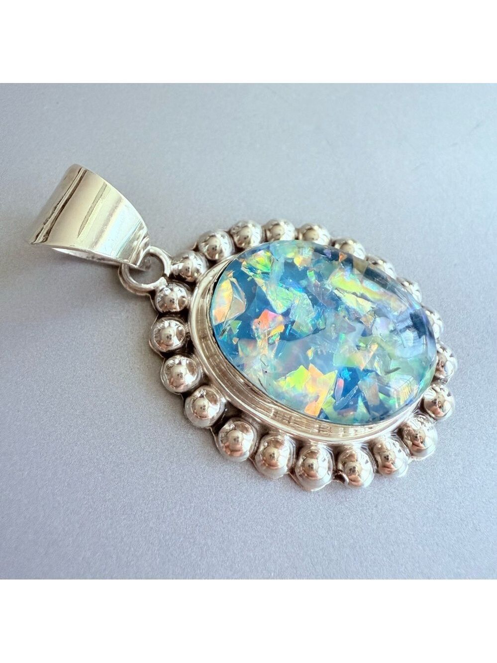 Mexico Opal Mosaic Triplet Sterling Silver Ball Beaded Large Pendant Nec… - Picture 2 of 6